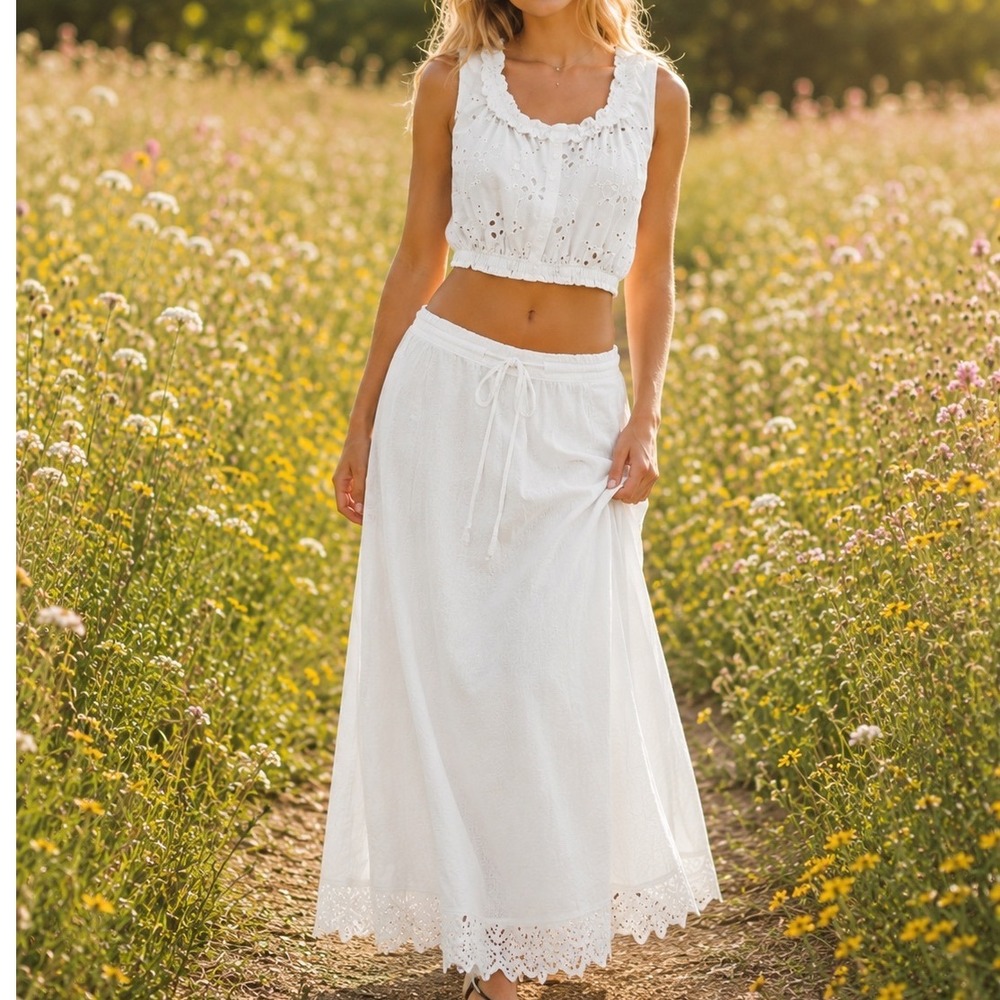 Free People Madelyn Cotton Maxi Skirt Set White Eyelet Crop Top OB2436244 XS B1 - Picture 1 of 8